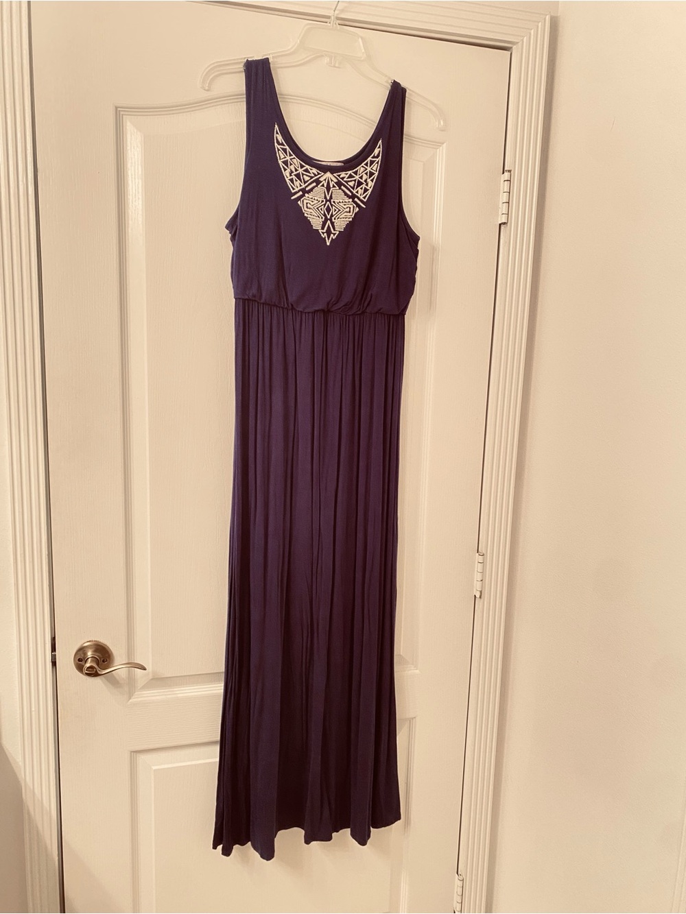 Women's Navy Maxi Dress with Embroidered Neckline Size L